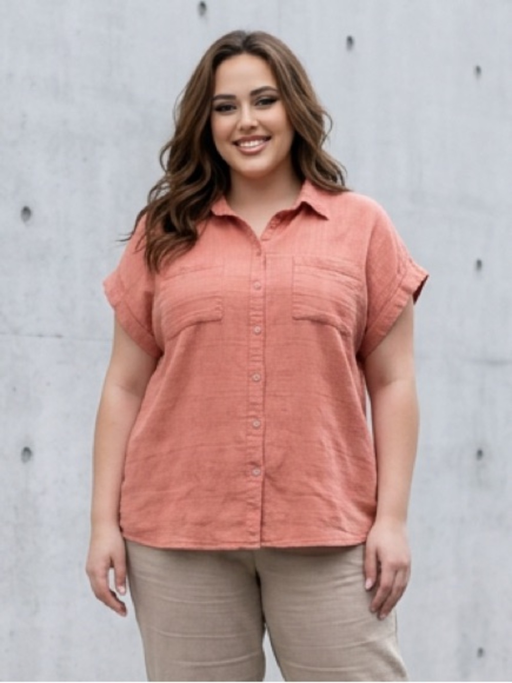 Wonderly Coral Button-Down Short Sleeve Shirt
